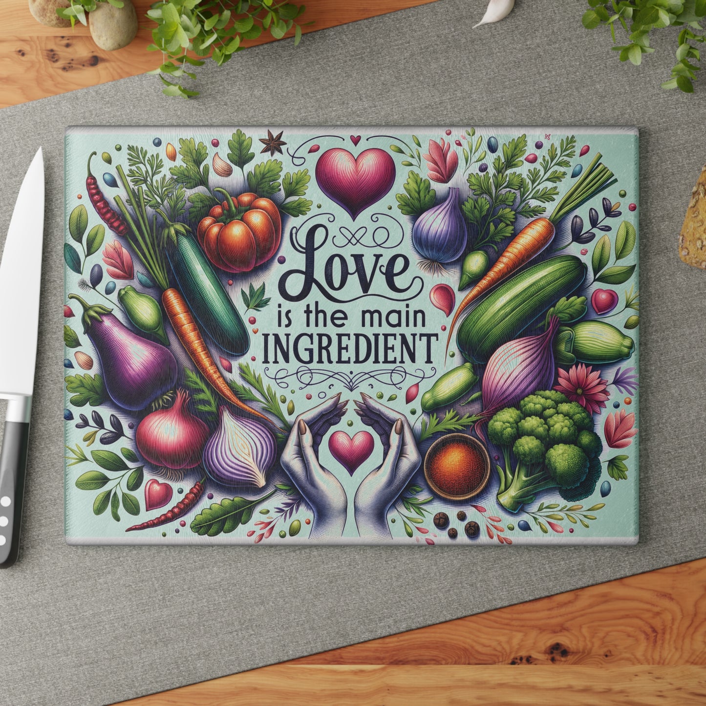 Love Is the Main Ingredient Glass Cutting Board | Decorative Kitchen Cutting Board Gift for Mom & Grandma