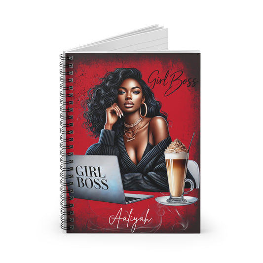 Girl Boss spiral notebook featuring a stylish Black woman with coffee, inspirational journal by Chocolate Melanin