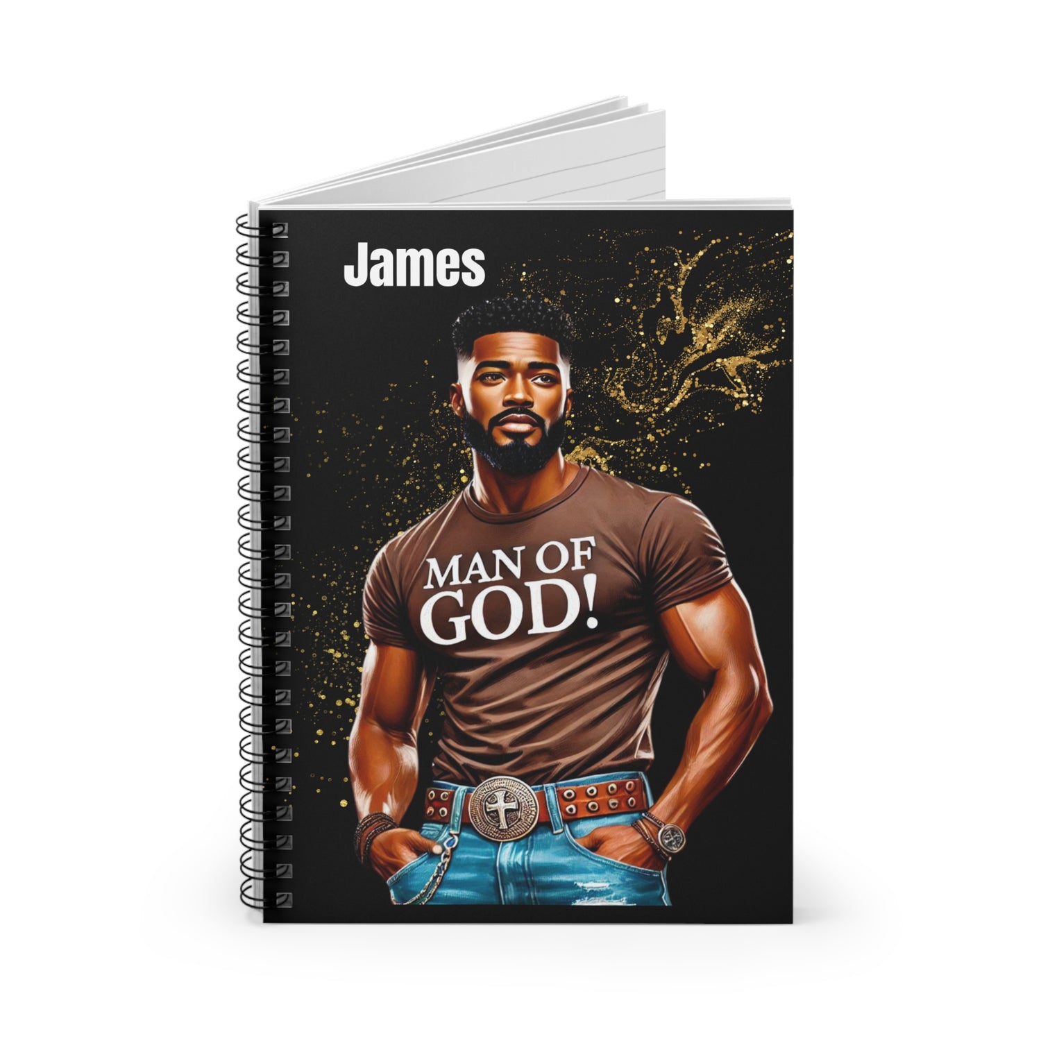 Man of God spiral notebook featuring a muscular Black man of faith, personalized Christian journal