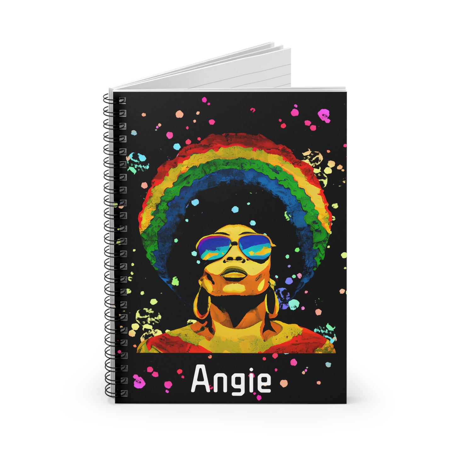 Black Queen Pride spiral notebook with rainbow afro illustration, personalized journal