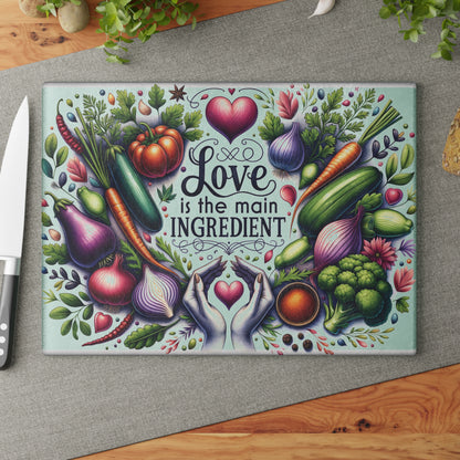 Love Is the Main Ingredient Glass Cutting Board | Decorative Kitchen Cutting Board Gift for Mom & Grandma