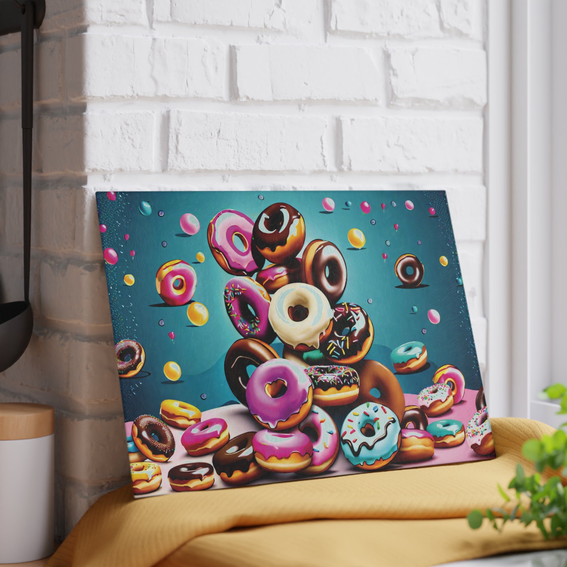 Glass cutting board featuring colorful donuts floating against a teal background displayed on a kitchen counter.