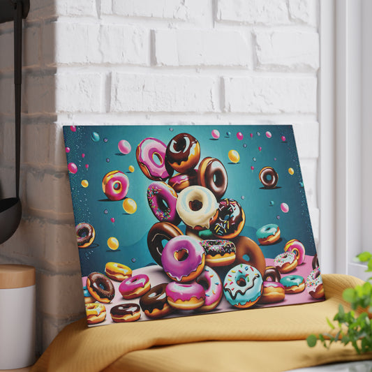 Glass cutting board featuring colorful donuts floating against a teal background displayed on a kitchen counter.