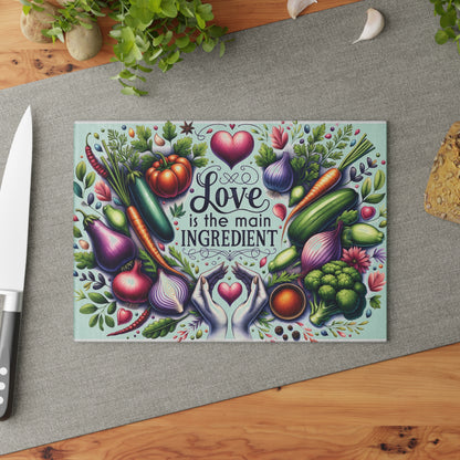Love Is the Main Ingredient Glass Cutting Board | Decorative Kitchen Cutting Board Gift for Mom & Grandma