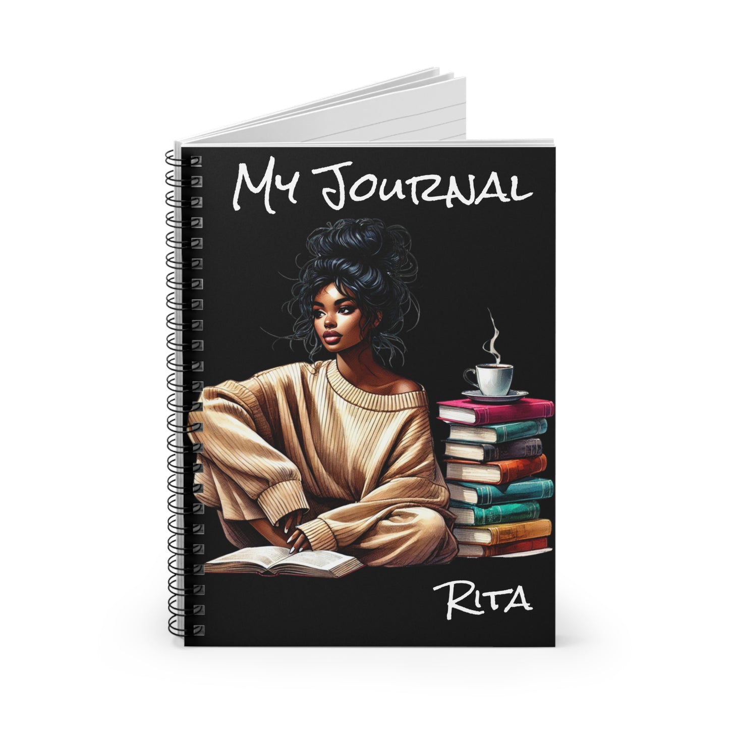 She Writes Her Story spiral notebook featuring a Black woman reading, personalized journal by Chocolate Melanin