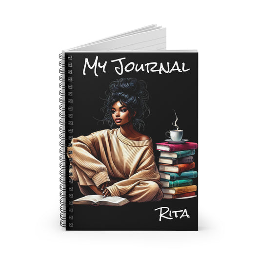 She Writes Her Story spiral notebook featuring a Black woman reading, personalized journal by Chocolate Melanin
