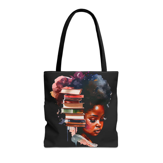 Tote bag featuring artwork of a Black girl with stacked books in her hair on a dark background.