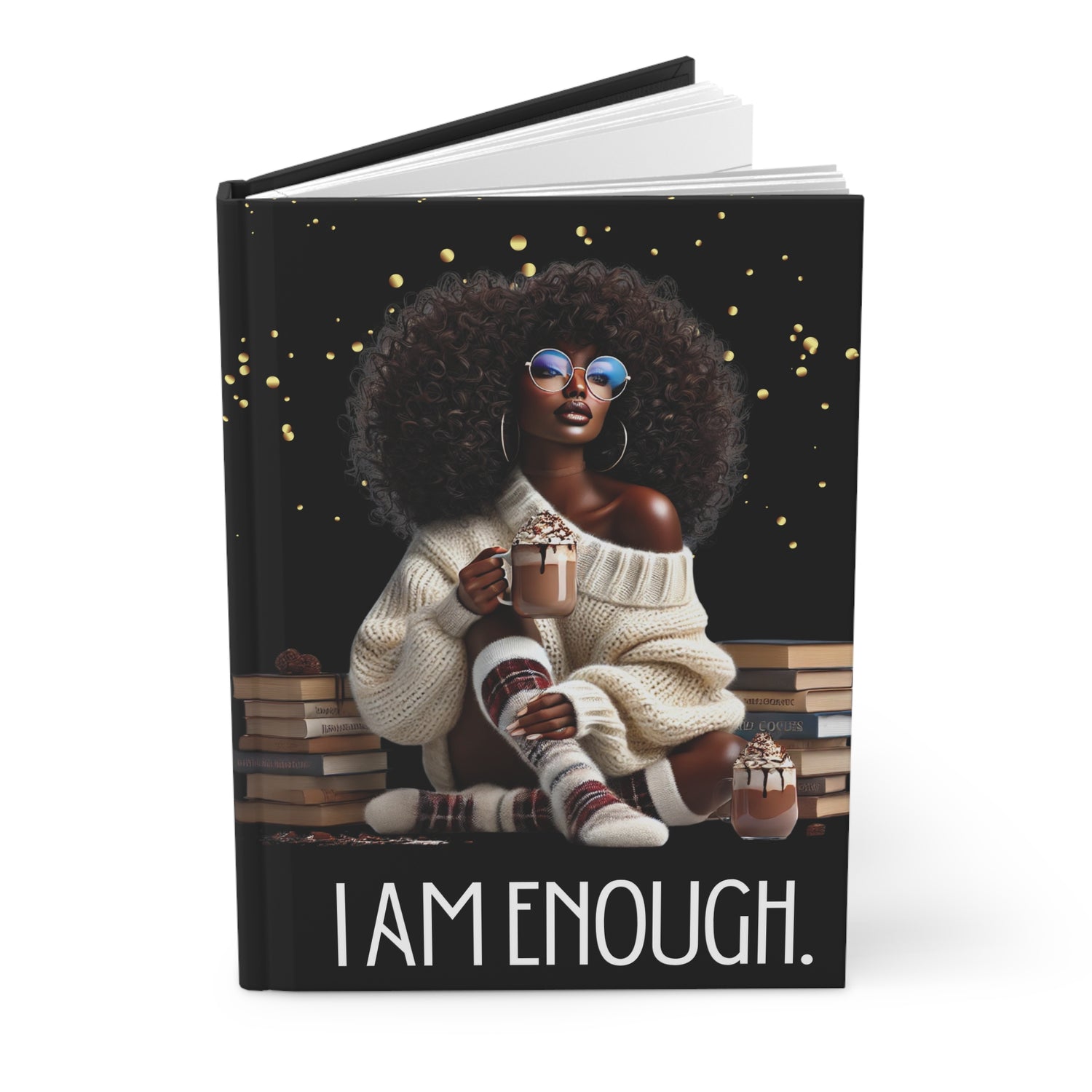 I Am Enough hardcover journal featuring Black woman artwork and custom name Janelle on matte finish cover