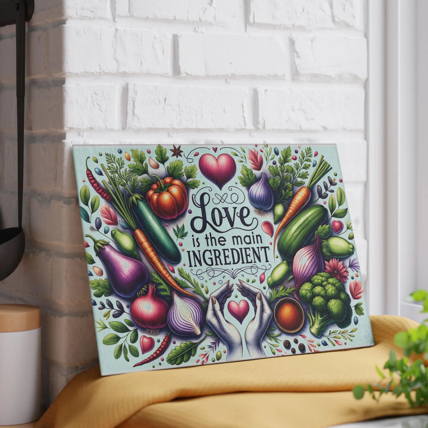 Decorative glass cutting board featuring colorful vegetables, herbs, and hands holding a heart with the phrase “Love Is the Main Ingredient” displayed on a kitchen counter.