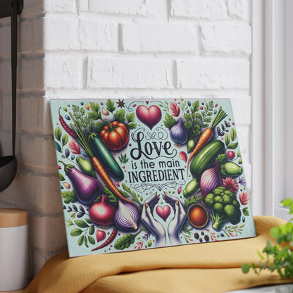 Decorative glass cutting board featuring colorful vegetables, herbs, and hands holding a heart with the phrase “Love Is the Main Ingredient” displayed on a kitchen counter.