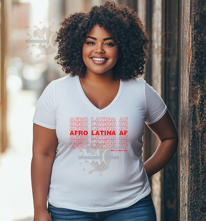 Women wearing white Afro Latina AF V-neck cultural pride t-shirt