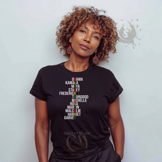 black history month t-shirt featuring the names of influential Black leaders displayed in Pan African colors as a symbol of unity and cultural pride