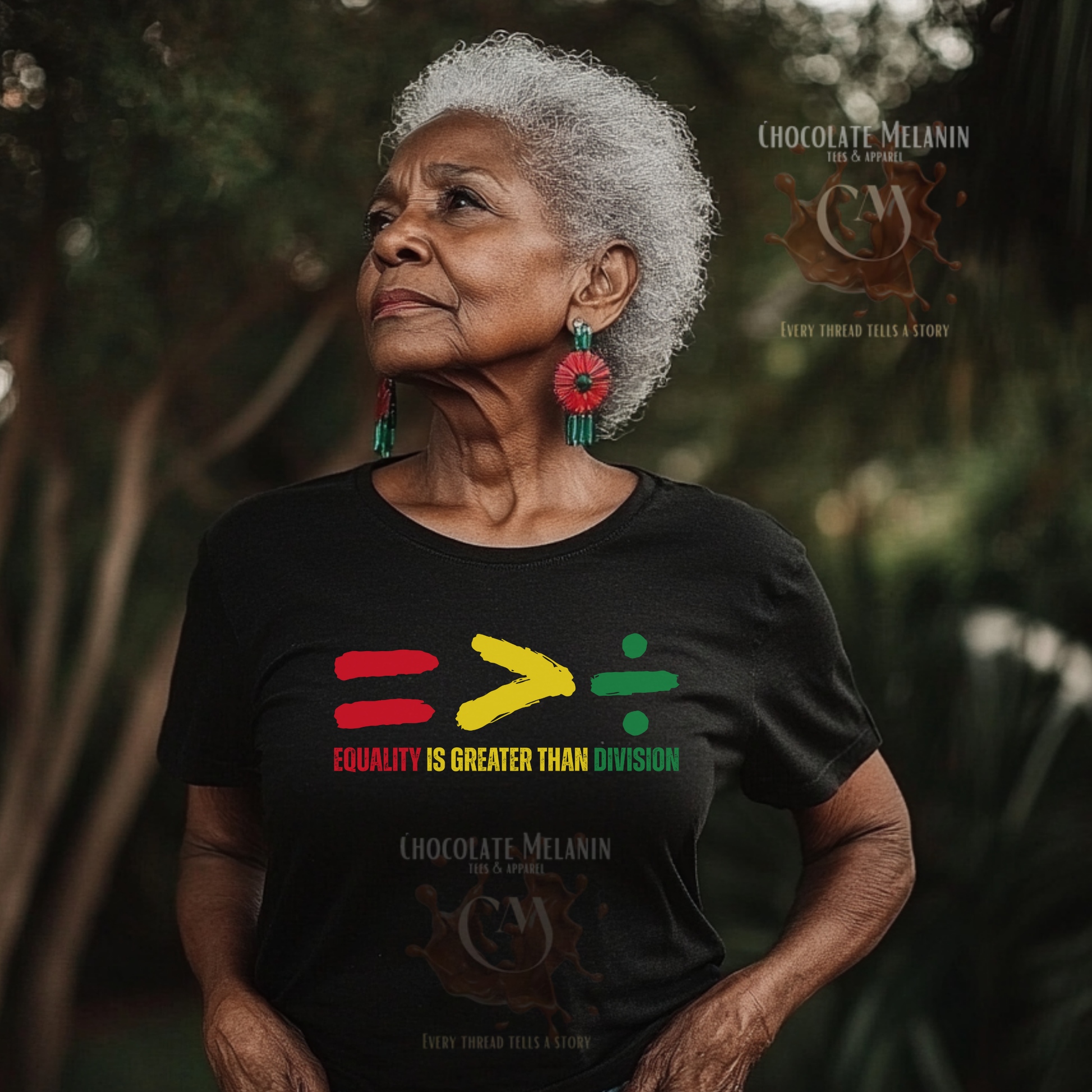 Equality Is Greater Than Division t-shirt with Pan-African colors honoring Black history and unity
