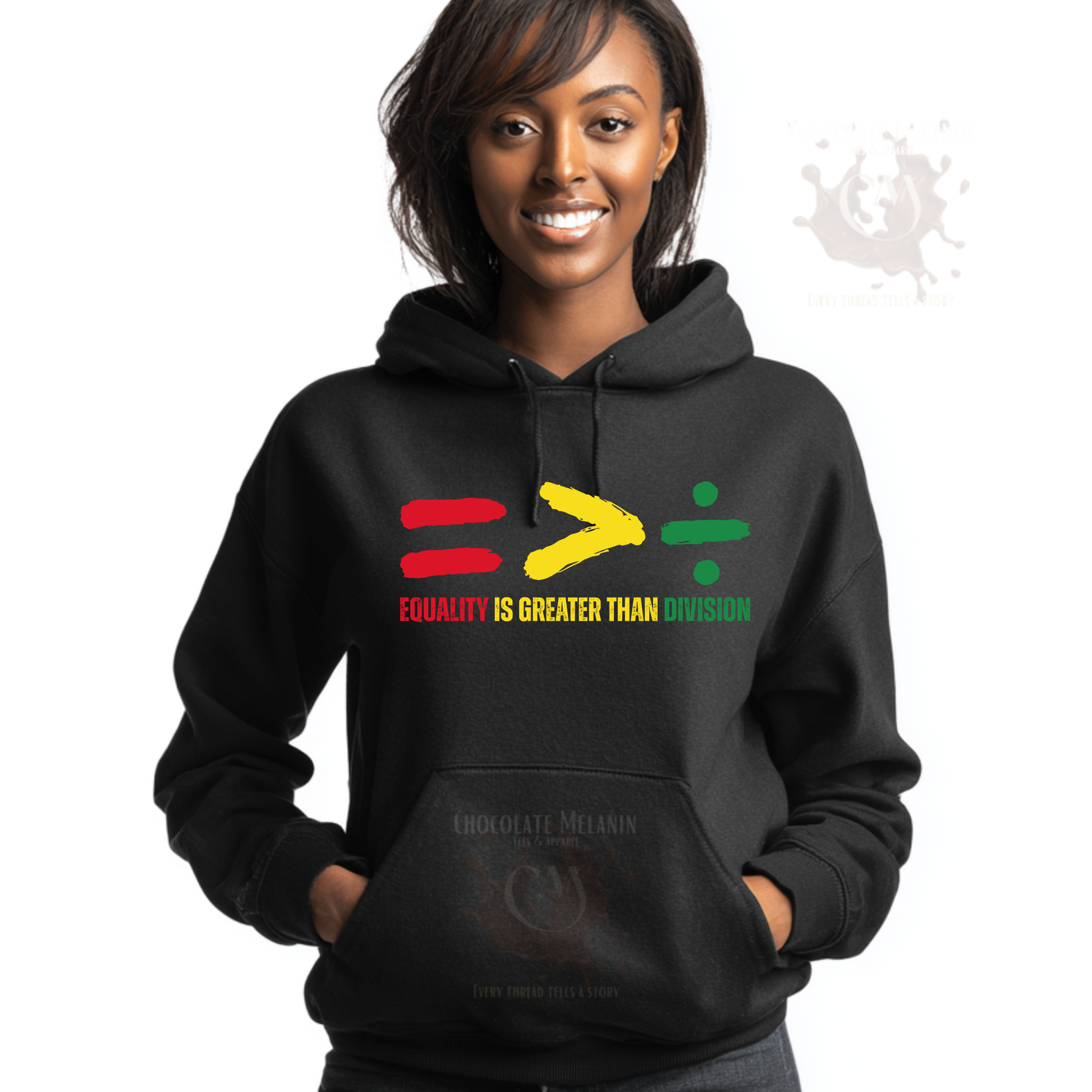 Adult black hoodie with Equality Is Greater Than Division Pan-African design