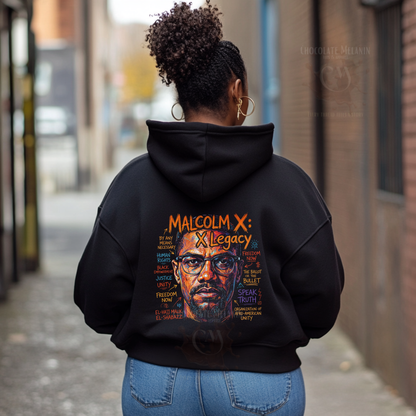 Adult black hoodie featuring Malcolm X X Legacy civil rights artwork