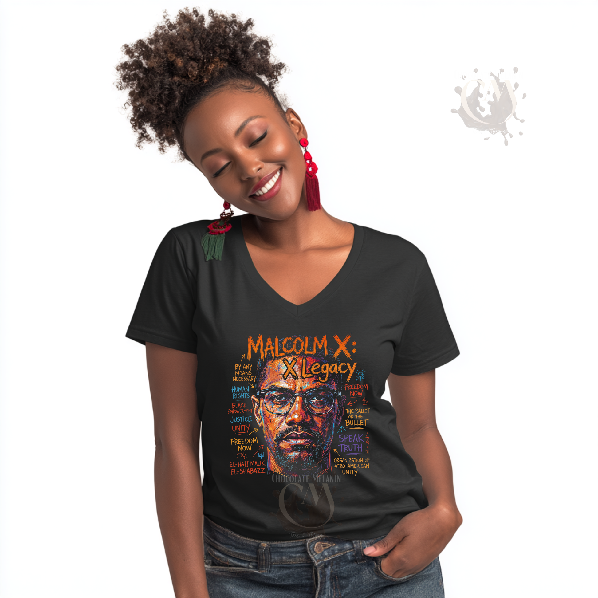 Woman wearing black Malcolm X Legacy V-neck t-shirt
