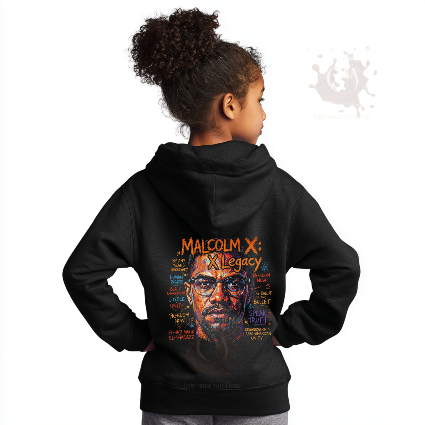 Youth black hoodie featuring Malcolm X X Legacy civil rights artwork