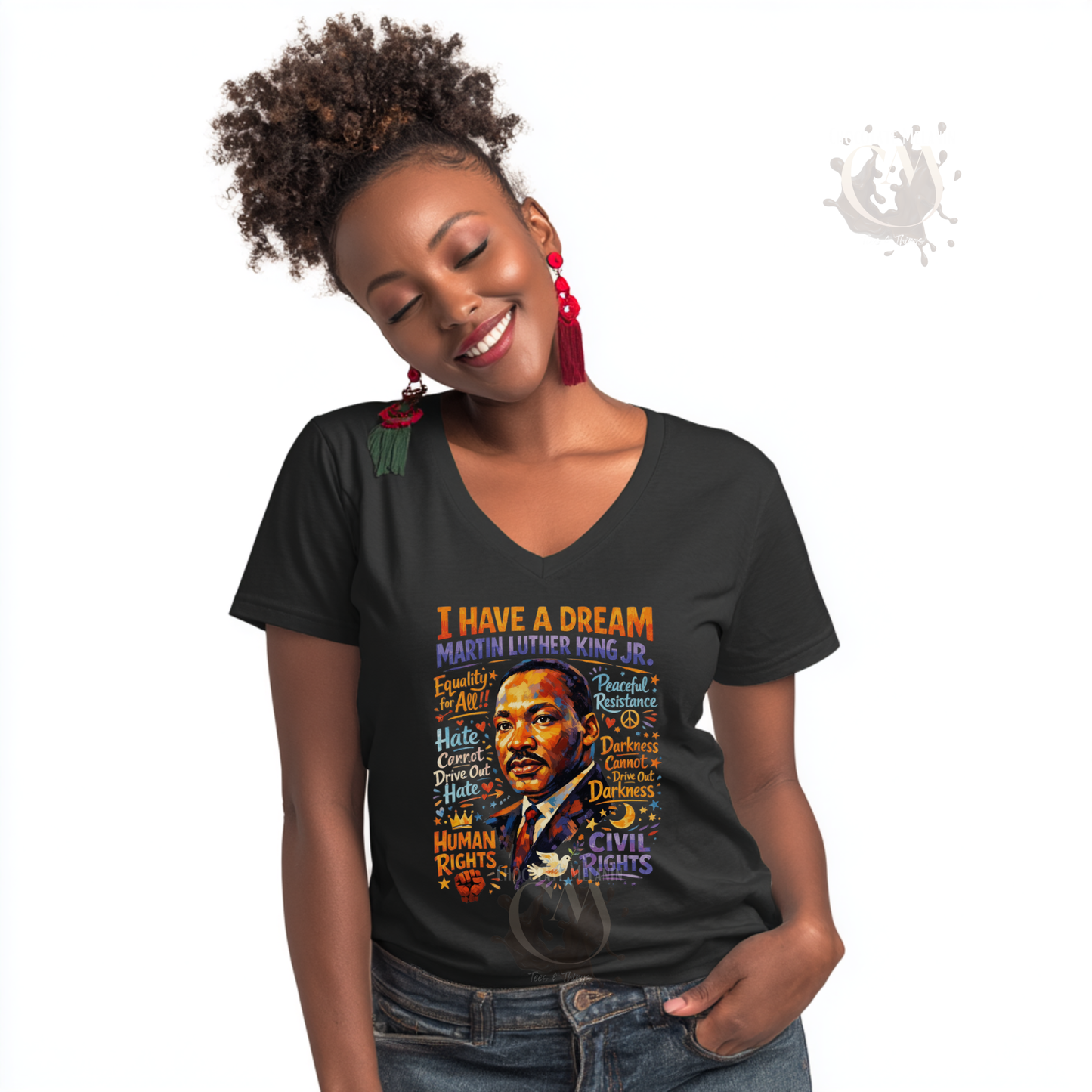 Woman wearing Martin Luther King I Have a Dream V-neck t-shirt